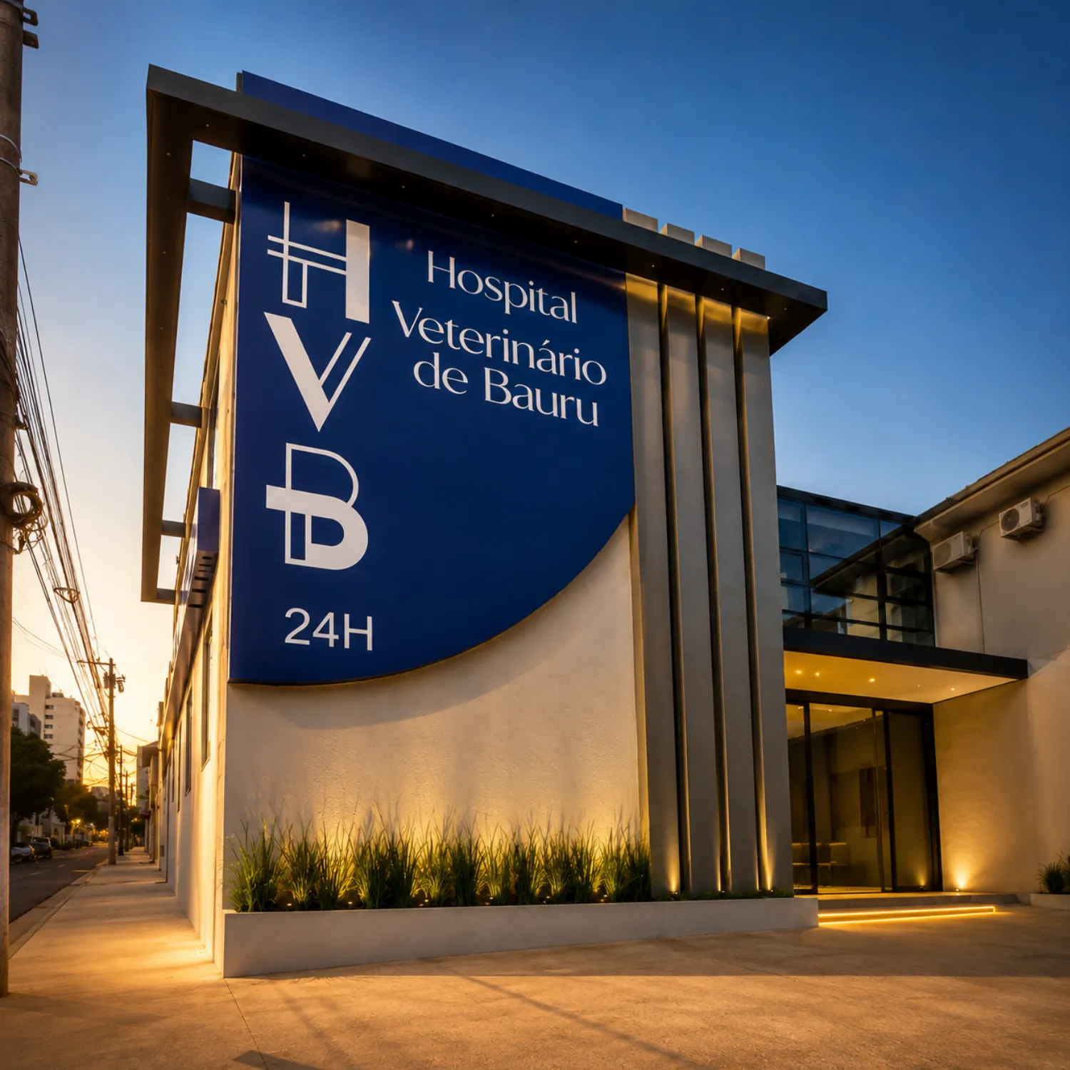Fachada do Hospital Veterinário de Bauru à noite — aberto 24 horas