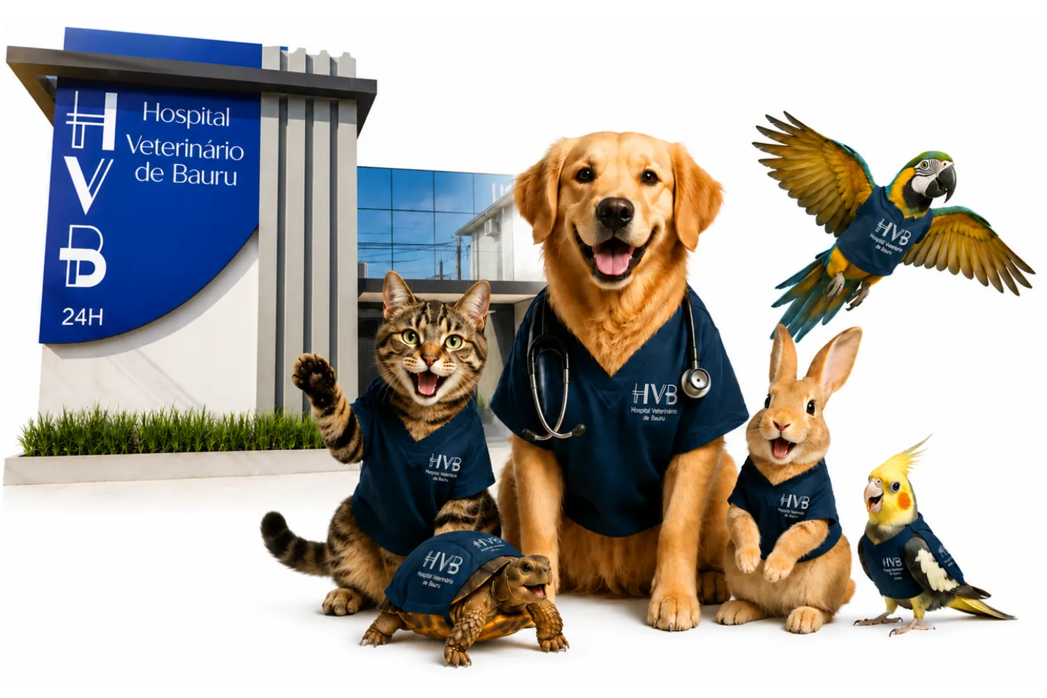 Equipe de animais do HVB — atendemos cães, gatos, aves, exóticos e grandes animais em Bauru